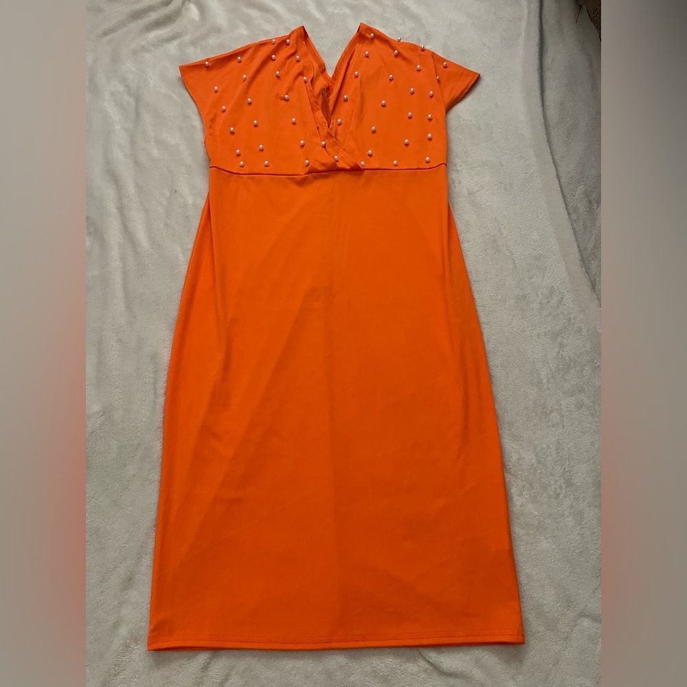 Elegant Orange Dress with Pearl Accents